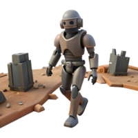 3D Render of a Retro Robot Walking on a Desolate Planet Landscape png