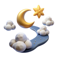 3D Render of a Dreamy Night Sky Illustration with Golden Crescent Moon, Star, and Fluffy Clouds on a Blue Pathway png
