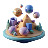 3D Render of Abstract Geometric Island Scene with Spheres, Polygons, and Cones png