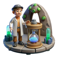 3D Render of a Cartoon Scientist in a Lab with Mysterious Potions and an Ancient Device png