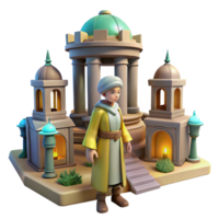 beautiful traditional 3D Render of a Cartoon Character in Ancient Architecture Setting, Stylized Temple Illustration with Person in Yellow Robe, Fantasy Game Asset, Digital Artwork professional png