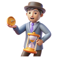 vibrant artistic 3D Illustration of a Man in a Suit Holding an Hourglass and a Clock, Time Management Concept detailed png