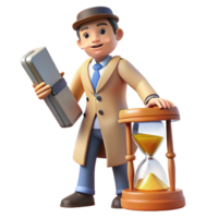 3D Illustration Time Management Detective with Hourglass and Case File png