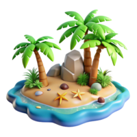 Tropical Island Paradise 3D Render Illustration Palm Trees, Sandy Beach, Starfish, Rocks, Lush Greenery, Ocean Waves, Summer Vacation, Idyllic Escape, Cartoon Style png