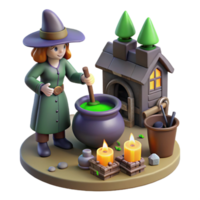 elegant rustic 3D Render Cartoon Witch Brewing Potion original png