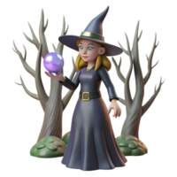 3D Render of a Young Witch with a Crystal Ball in a Spooky Forest Setting png