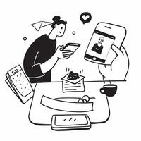 Social media consultant enjoying a leisurely breakfast concept as A social media consultant enjoying a leisurely breakfast while checking social media updates on a smartphone highl Dynamics vector