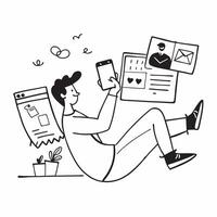Social media consultant enjoying a relaxing afternoon with tea and a tablet concept as A social media consultant enjoying a relaxing afternoon with tea and a tablet checking social Dynamics vector