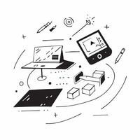 Abstract digital art with glowing holographic charts and desk setup concept as Camera movement Pan across the glowing charts and desk Scene Glossy abstract digital art with a vibr pure vector