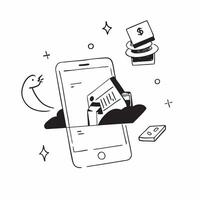 Abstract digital art with holographic banking app on a mobile phone in a home office concept as Camera movement Zoom into the mobile phone screen with a holographic banking app Sc pure vector