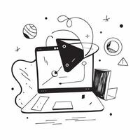 Abstract digital art with holographic call on a laptop in a home office concept as Camera movement Zoom into the laptop screen displaying a holographic call Scene Glos pure vector