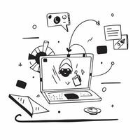 Abstract digital art with holographic call on a laptop in a home office concept as Camera movement Zoom into the laptop screen displaying a holographic call Scene Glos pure Set 2 vector
