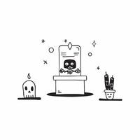 Altar and Sugar Skull Isolated concept as A illustration of a traditional Dia de Muertos altar accompanied by a sugar skull both isolated on a white background This pure vector
