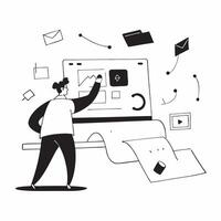 Architect reviewing plans in a glossy abstract virtual meeting concept as Camera movement Zoom into the architect screen showing detailed blueprints with a glossy abstract backgrou pure vector