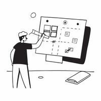 Architect reviewing glossy blueprints in a flexible workspace concept as Camera movement Zoom into the screen showing detailed architectural blueprints Scene A high tech and creat pure vector