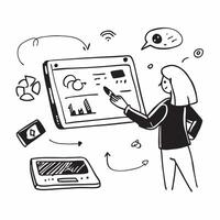 Businesswoman working on a glossy tablet in a flexible workspace concept as Camera movement Zoom into the tablet screen showcasing business analytics Scene A modern workspace with pure Set 2 vector