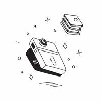 Camera with holographic settings floating beside it concept as A digital camera sits on a white surface with holographic settings options floating beside it The scene is shot from pure vector