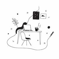 Chair and desk with Comfortable Workspace text in a border frame with copy space concept as Camera movement Pan across the chair and desk focusing on the text Scene Comfortable an pure vector