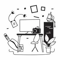 Chair and desk with Comfortable Workspace text in a border frame with copy space concept as Camera movement Pan across the chair and desk focusing on the text Scene Comfortable an pure Set 2 vector
