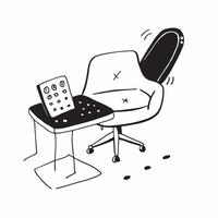Chair and Desk with Remote Work Text concept as A chair and desk with Remote Work text on a white background highlighting the ergonomic setup for remote work Camera captures the s pure Set 3 vector