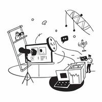 Content creator filming in a glossy flexible workspace concept as Camera movement Pan across the workspace as the content creator sets up their equipment Scene A creative and orga pure Set 2 vector