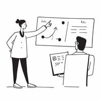 Consultant presenting a strategy in a glossy flexible workspace concept as Camera movement Pan across the consultant screen during the presentation Scene A polished and profession pure vector