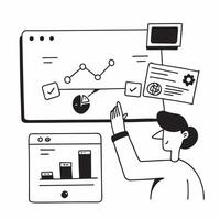 Data analyst visualizing data on a glossy dashboard in a flexible workspace concept as Camera movement Zoom into the screen displaying interactive data visualizations Scene A prof pure vector