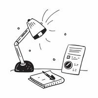 Desk Lamp and Journal with Remote Work Text concept as A desk lamp and journal with Remote Work text on a white background representing the blend of lighting and note taking in rem pure Set 2 vector