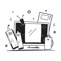 Desk organizer and laptop with Stay Focused text in a border frame with copy space concept as Camera movement Zoom into the desk organizer and laptop with text Scene Clean and org pure vector