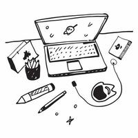 Desk Setup with Glossy Laptop and Accessories concept as A desk setup with a glossy laptop and accessories highlighting a clean and organized remote work environment Camera angle pure vector