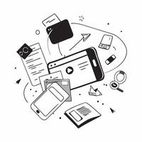 Desktop and mobile phone with holographic finance app and flexible workspace text concept as Camera movement Zoom into the desktop and mobile phone screens with a holographic finan pure Set 2 vector