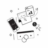 Desktop and mobile phone with holographic finance app and flexible workspace text concept as Camera movement Zoom into the desktop and mobile phone screens with a holographic finan pure vector