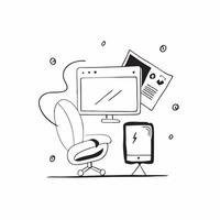 Desktop and chair with Remote Work Setup text in a border frame with copy space concept as Camera movement Pan across the desktop and chair focusing on the text Scene Organized an pure vector