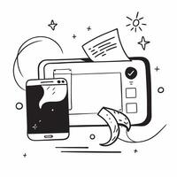 Desktop and phone with Work Anywhere text in a border frame with copy space concept as Camera movement Pan across the desktop and phone focusing on the text Scene Modern and sleek pure Set 2 vector