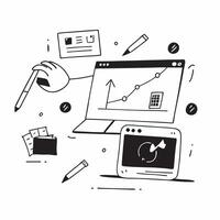 Desktop and tablet with holographic analytics software and flexible workspace text concept as Camera movement Pan across the desktop and tablet screens displaying holographic analy pure vector