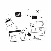 Desktop and tablet with holographic CRM software and flexible workspace text concept as Camera movement Pan across the desktop and tablet screens with holographic CRM software Sce pure vector