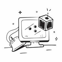 Desktop computer with holographic gaming interface and Game On text with copy space concept as Camera movement Pan across the desktop screen displaying a holographic gaming interfa pure vector