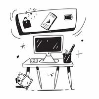 Desk with Abstract Glossy Monitor and Accessories concept as A desk with an abstract glossy monitor and accessories highlighting a clean and organized remote work environment Came pure vector