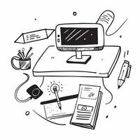 Desk with Abstract Glossy Monitor and Accessories concept as A desk with an abstract glossy monitor and accessories highlighting a clean and organized remote work environment Came pure Set 4 vector