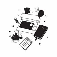 Desk with Abstract Glossy Monitor and Accessories concept as A desk with an abstract glossy monitor and accessories highlighting a clean and organized remote work environment Came pure Set 3 vector