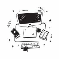 Desk with Glossy Monitor and Accessories concept as A desk with a glossy monitor and accessories highlighting a clean and organized remote work environment Camera angle captures t pure Set 2 vector