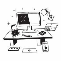 Desk with Glossy Monitor and Accessories concept as A desk with a glossy monitor and accessories highlighting a clean and organized remote work environment Camera angle captures t pure Set 3 vector