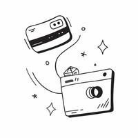 Digital camera with a holographic memory card icon floating concept as A digital camera is centered in the frame with a holographic memory card icon hovering just above it The sce pure vector