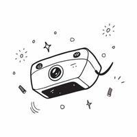 Digital Camera with Holographic Lenses concept as Horizontal shot of a digital camera on a white surface with glowing holographic lenses floating around it creating a professional pure vector