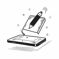 Digital pen hovering above a holographic drawing pad concept as A digital pen hovers above a holographic drawing pad set on a white surface The scene is captured from a side angle pure vector