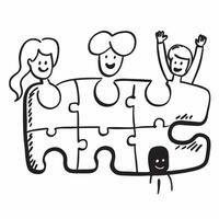 Diverse Family Puzzle with Pieces Text concept as A minimalist isolated of puzzle pieces representing diverse family members with the word Pieces in a modern playful font T pure vector