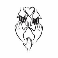 Family Hands and Heart with Love Text concept as A sleek isolated showing diverse hands forming a heart shape with the word Love beneath This design represents the love and pure vector