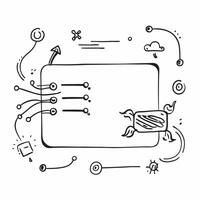 Flat AI Circuitry and Financial Icons Frame concept as A modern border frame featuring intricate AI circuitry patterns connected with various financial icons leaving the center as pure vector