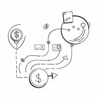 Flat AI Financial Circuit and Dollar Flow concept as An abstract showing a financial circuit connected to a flowing dollar symbol representing the integration of AI in strea pure vector