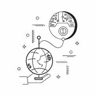 Flat AI Powered Globe and Coin concept as A clean abstract showing a globe with circuitry patterns surrounding a coin symbolizing the global impact of AI on cost management pure vector